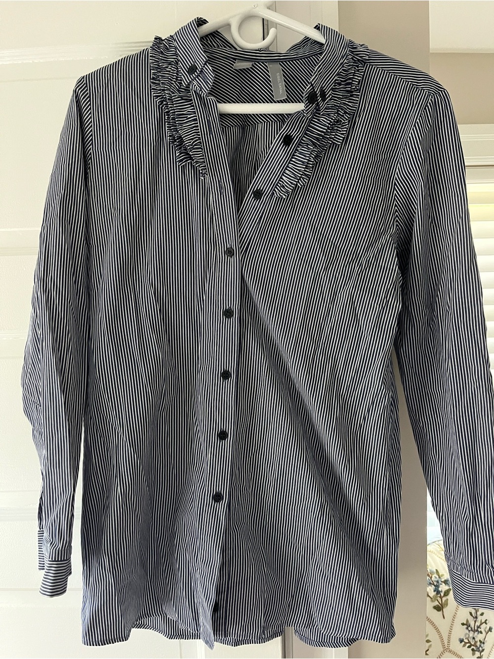 Women's Dark Blue and White Striped Ruffle-Collar Button-Down Shirt